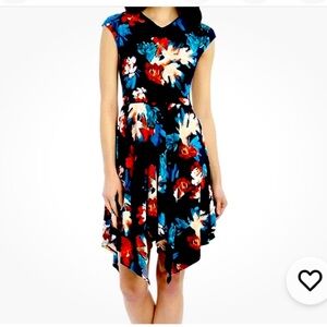 Ellen Tracy Women’s XL Riviera Floral Print Asymmetrical Handkerchief Hem Dress.